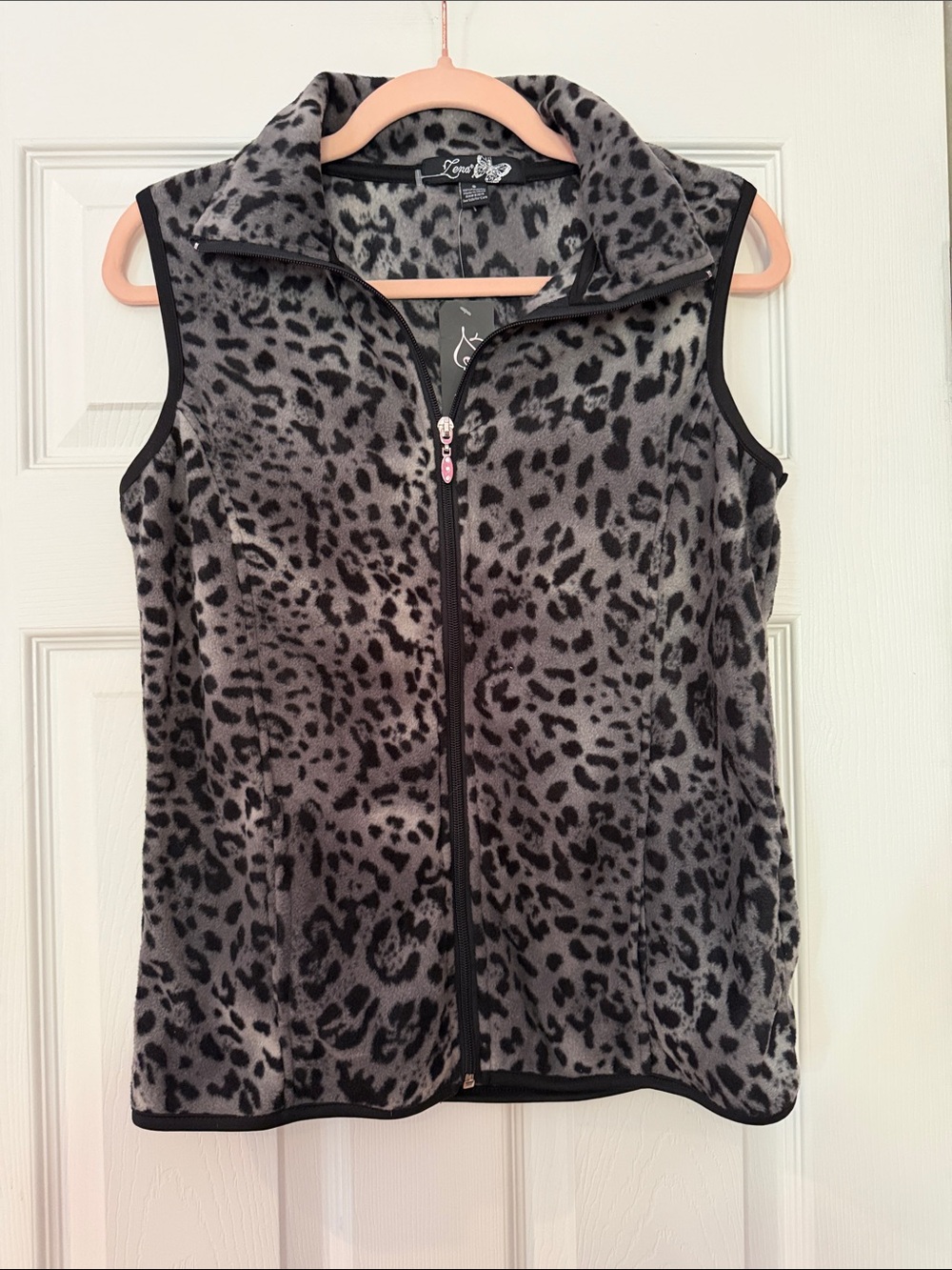 Lena Gray Leopard Print Fleece Zip Vest